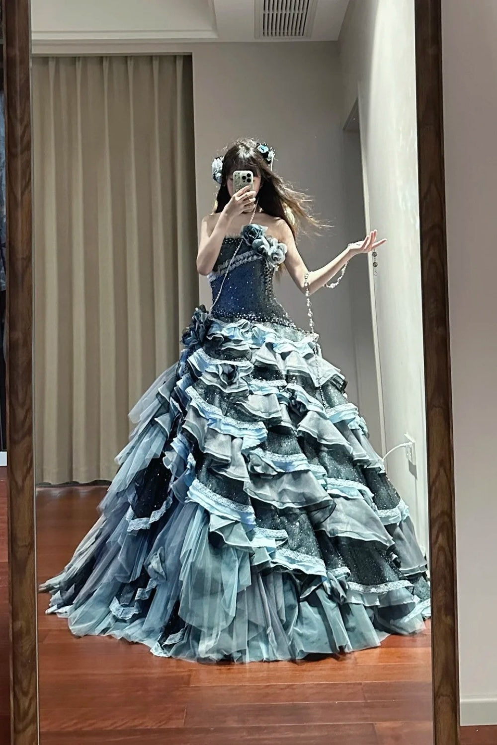 NiceVestidos--Blue vintage exquisite beaded long multi-layer tulle ball gown princess 16th birthday dress fairy tale sea daughter NV5666