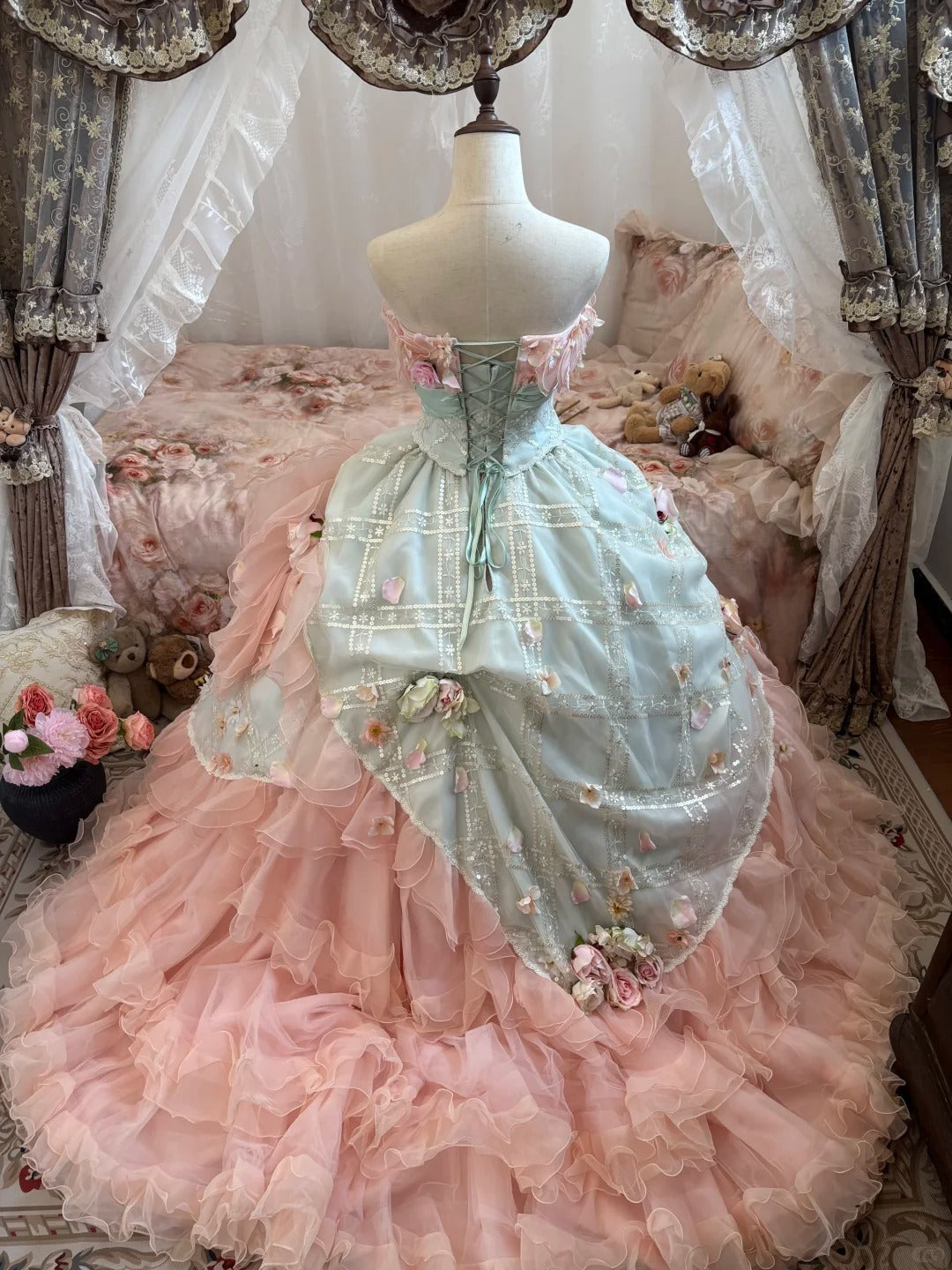 Pink Floral Tulle Floor-Length Ball Gown nv5172