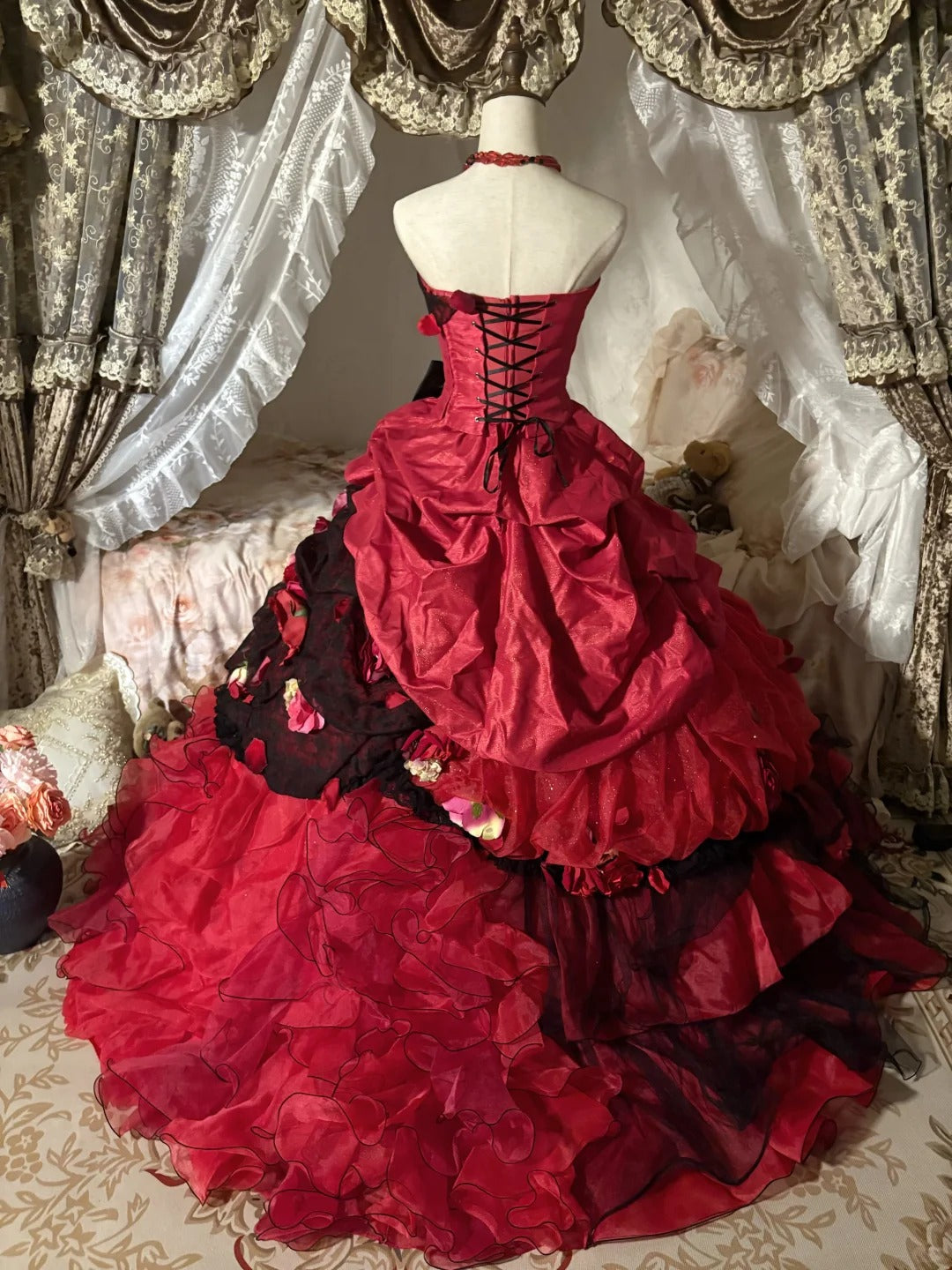 Red floral lace tulle floor-length ball gown nv5170