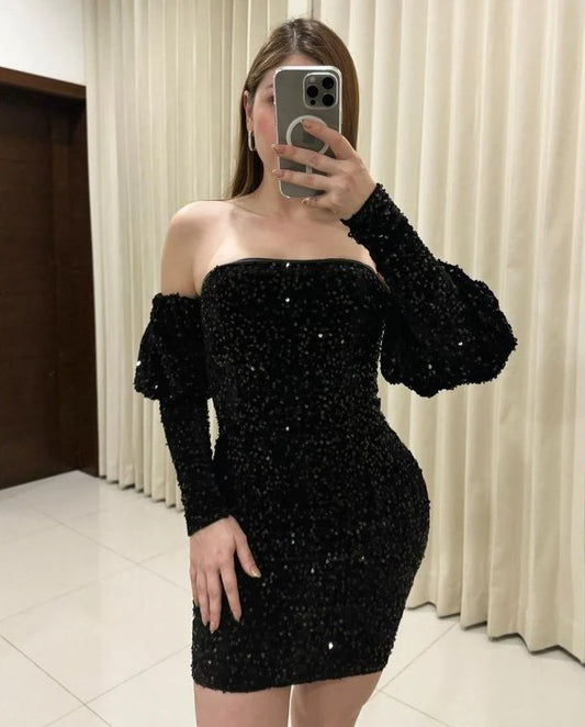 Black Sequin Elegant Bodycon Homecoming Dress with Sleeves Short Party Dress nv1896