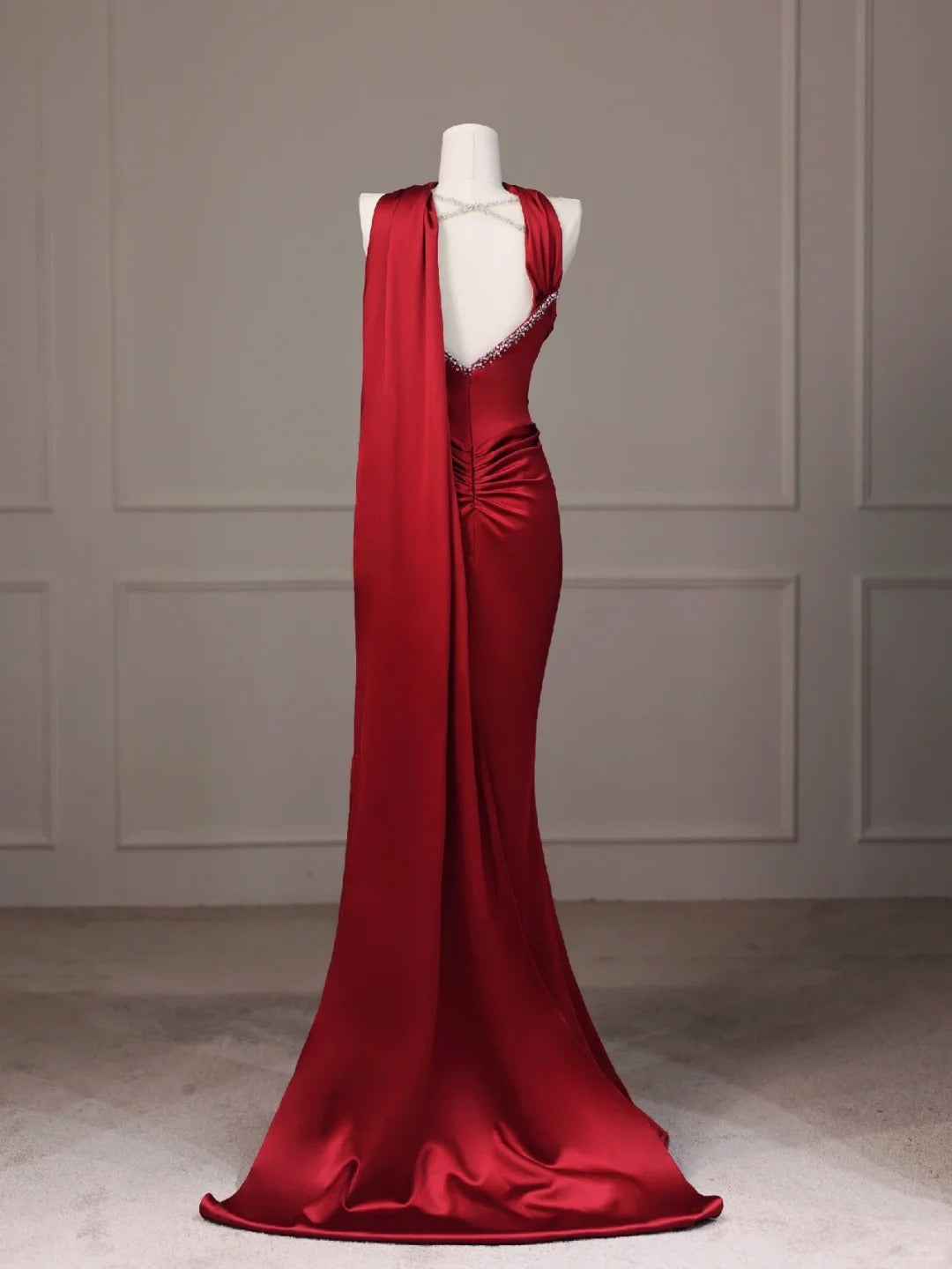 Burgundy Beaded Long Satin Ball Gown Evening Dress nv4436