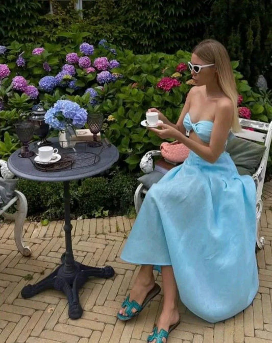 Light Sky Blue 2 Piece Sleeveless Satin Ball Gown Garden Party Evening Dress nv2170