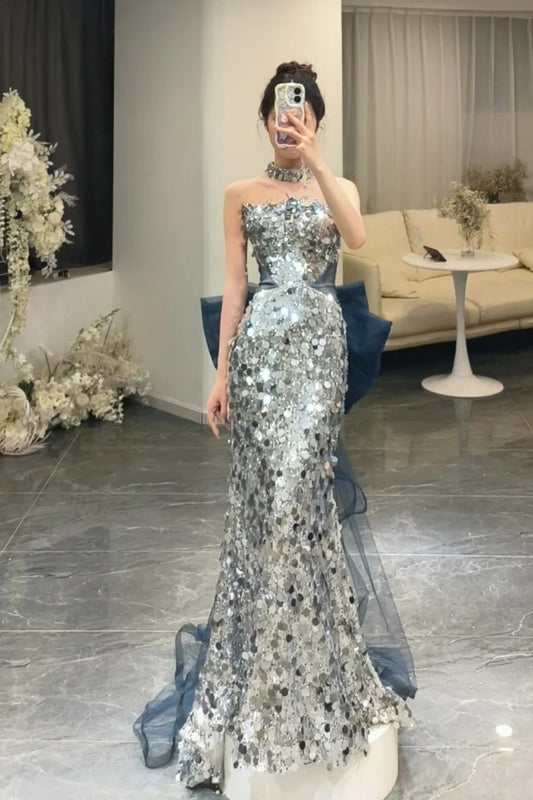 NiceVestidos--Dreamy Star River Style：Silver - Glow Sequin Strapless Sleeveless Mermaid Floor - Length Evening Dress NV5819