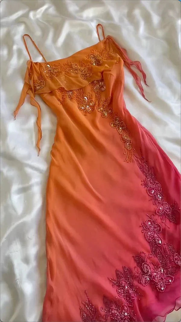 NiceVestidos-Orange Red Fashion Gradient Gorgeous Spaghetti Strap Beaded Charming Short Chiffon Homecoming Dress Fairy Dress Fairy Tale Dress nv5528