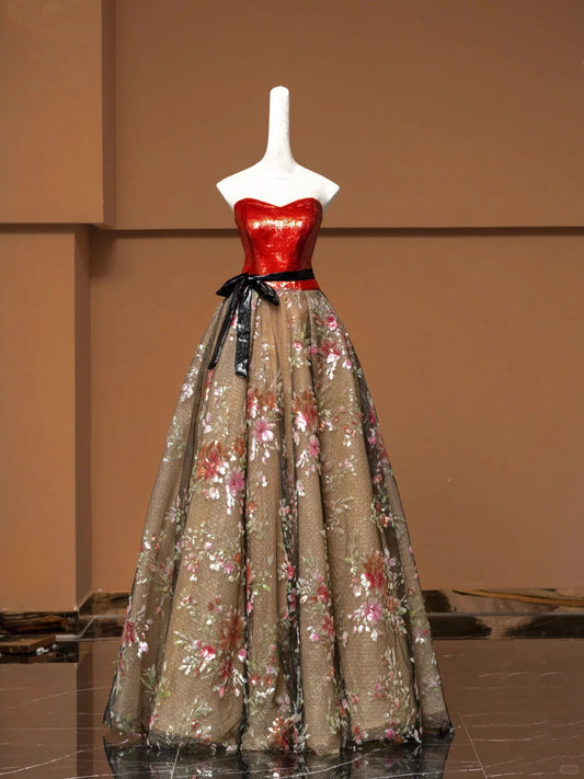 Red tube top floral elegant fashion long tulle Prom Dress evening dress party dress  nv4746