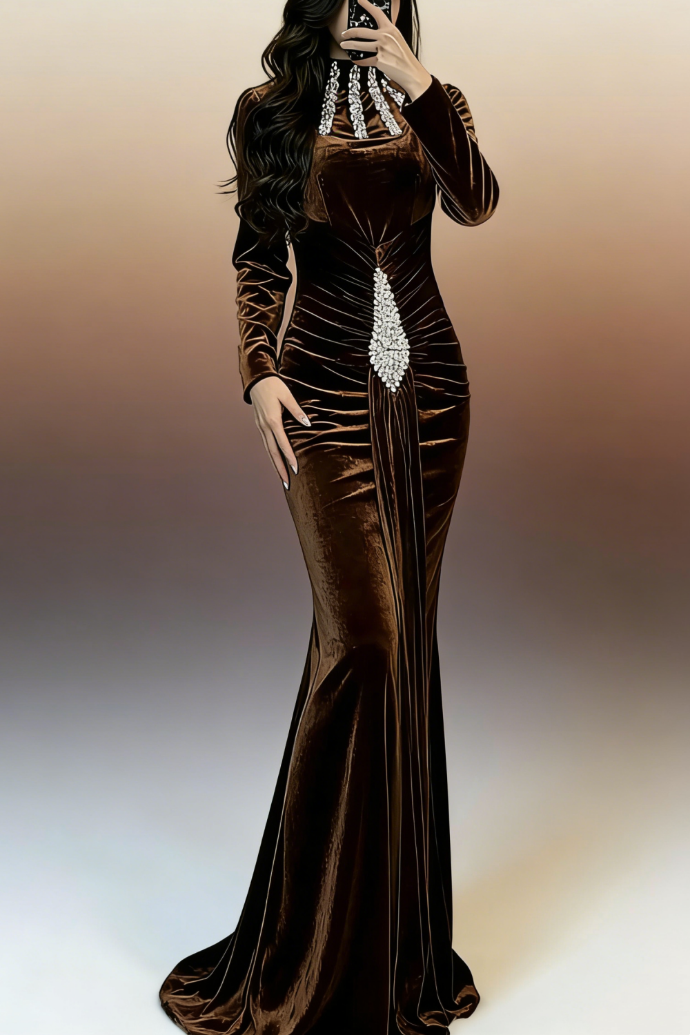 Meerjungfrauen-Abendkleid aus Samt mit hohem Kragen – Elegantes, figurbetontes Abendkleid mit Kristallfransen und Raffungen NV6795