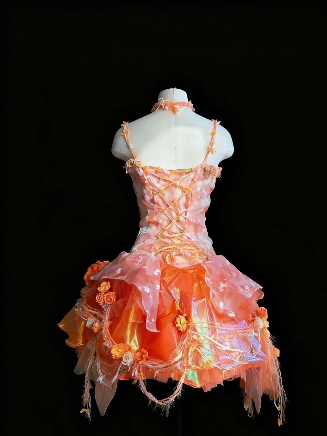 Orange Flame Flower Cluster Gradient 3D Floral Mini Ball Gown NV6569