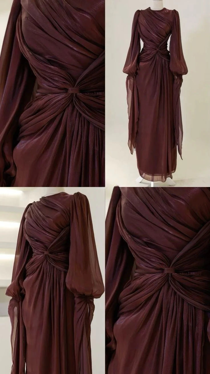 Burgundy Elegant Evening Dress A-Line Long Sleeves Prom Gowns nv4232