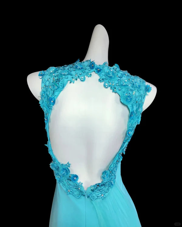 Blue Beaded Backless Long Chiffon Ball Gown Evening Gown Graduation Gown nv4400