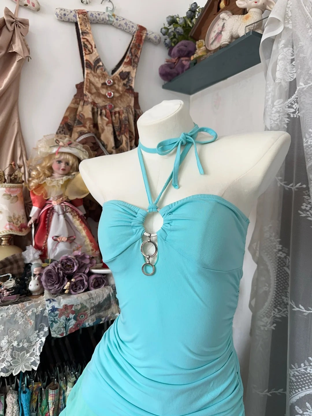 Blue Sweet Ruffle Vintage Short Chiffon Homecoming Dress Holiday Party Dress nv4621
