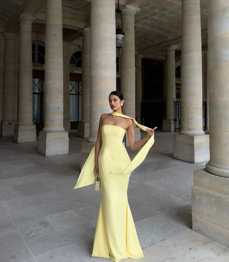 Yellow strapless tube top ribbon floor length mermaid slim evening dress prom dress ball gown party dress fall bridal shower outfit for guest nv2629