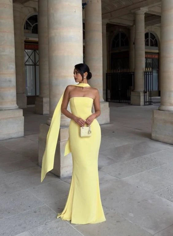 Yellow strapless tube top ribbon floor length mermaid slim evening dress prom dress ball gown party dress fall bridal shower outfit for guest nv2629