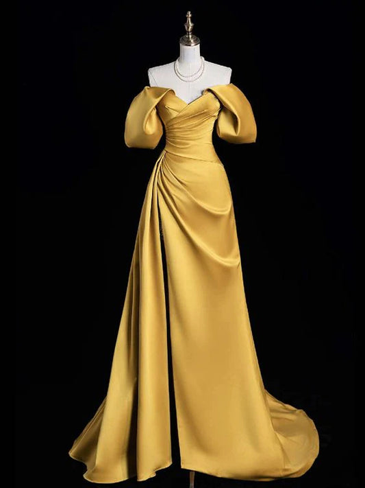 Yellow A-line off-the-shoulder satin long ball gown evening dress nv2194