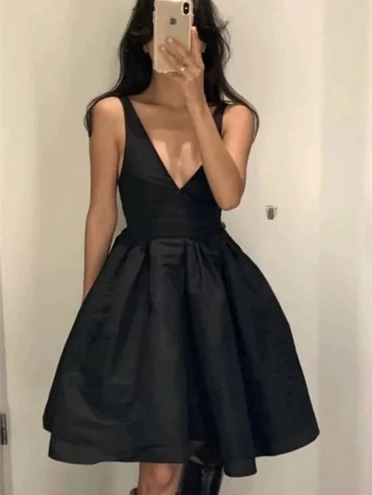 Black V-neck halter satin short prom dress evening homecoming graduation dress birthday dress nv2147