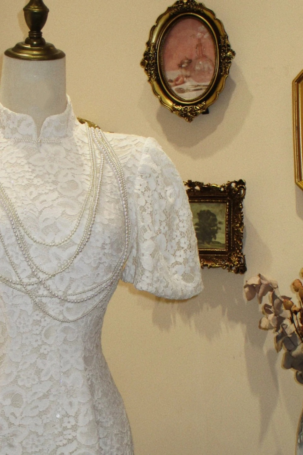 White Lace Mandarin Collar Qipao Dress with Pearl Detail NV6546