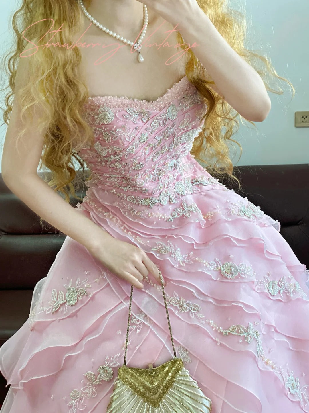 Pink Floral Elegant Tiered Long Tulle Ball Gown Evening Dress nv5019