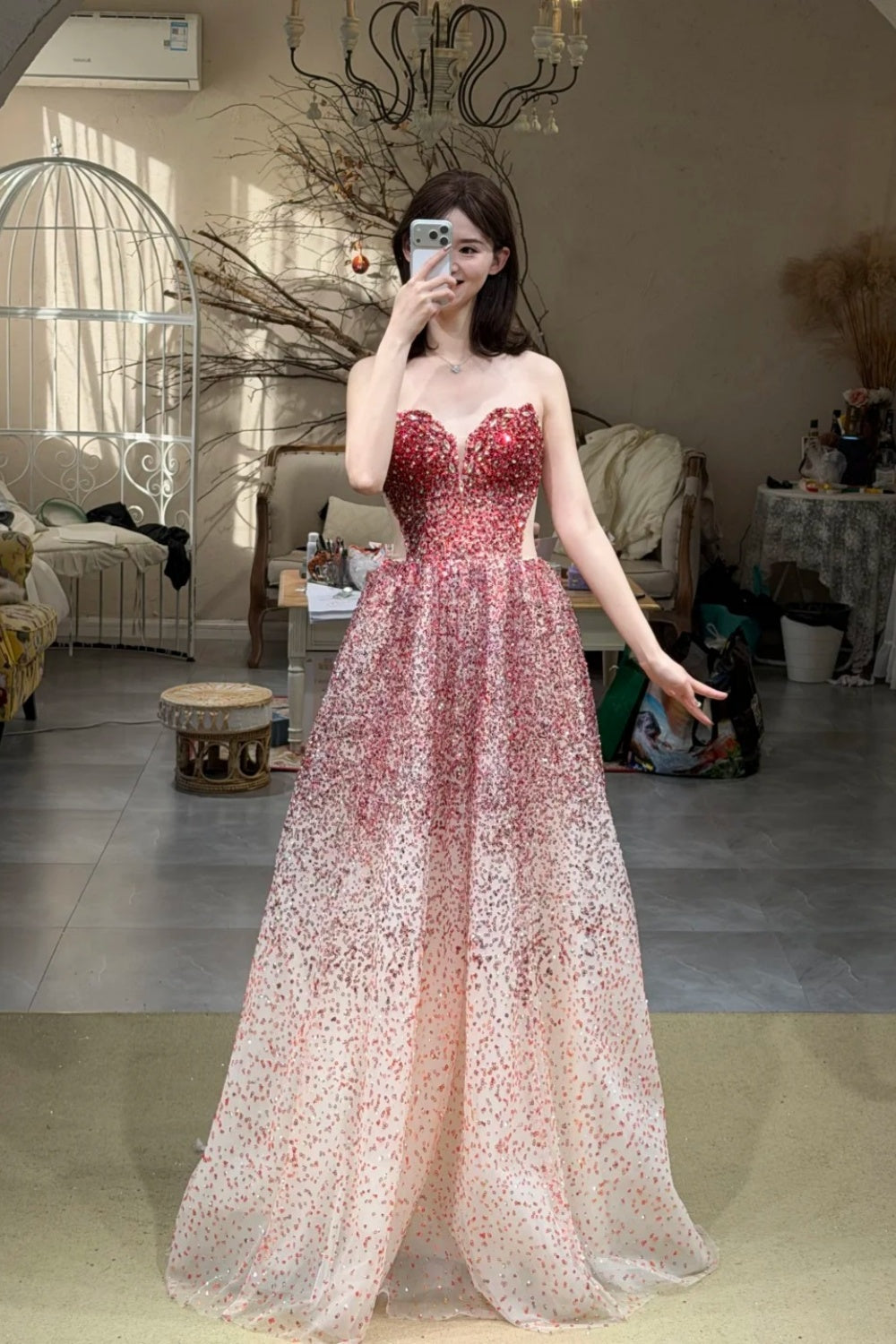 Dreamy Gradient Style Strapless Sleeveless Gown | Pink-Rose Sequin Tulle Ballgown Maxi Dress for Gala Ball Engagement Luxury Party NV6272