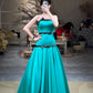 Fashion Contrast Color Style Strapless Sleeveless Gown | Peacock Blue Satin Black Trim Ballgown Maxi Dress for Gala Red Carpet High-End Party Business Social Event NV6274