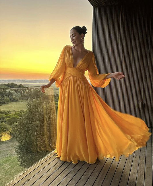 Yellow V-neck simple elegant long ball gown party dress evening dress nv2384