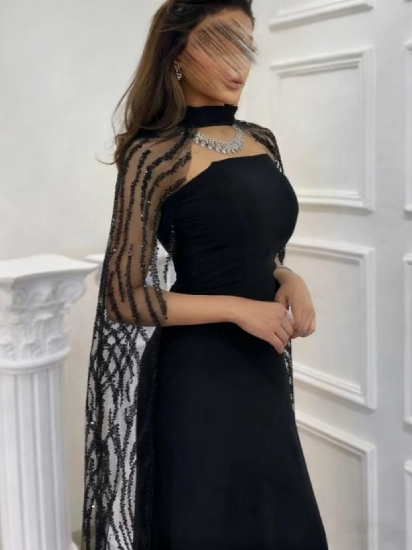 Black Glamorous Long Evening Gown With A Shawl, Nv2518