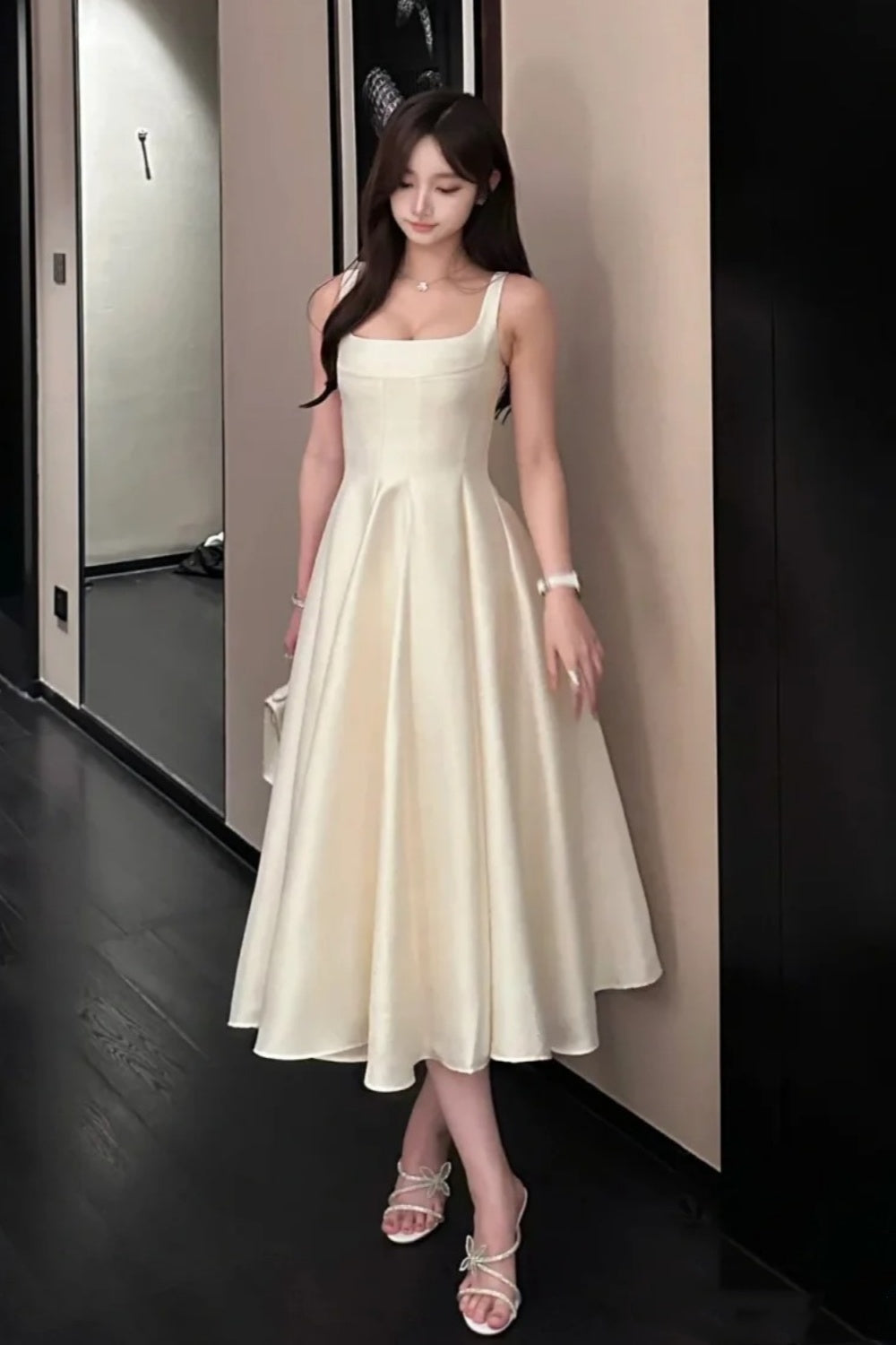 NiceVestidos--Mid-length homecoming dress birthday dress gentle white dress satin NV5670