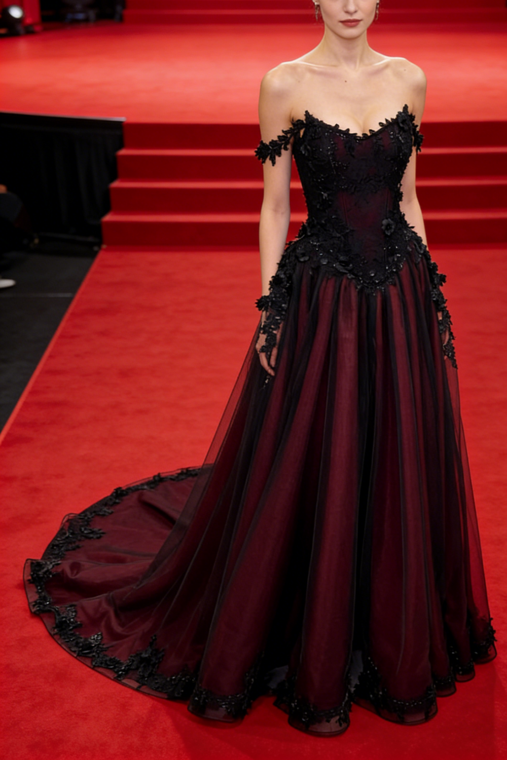 Black Lace Burgundy Strapless Gown - Off-Shoulder Ballgown Evening/Ball/Red Carpet Maxi Dress NV6803