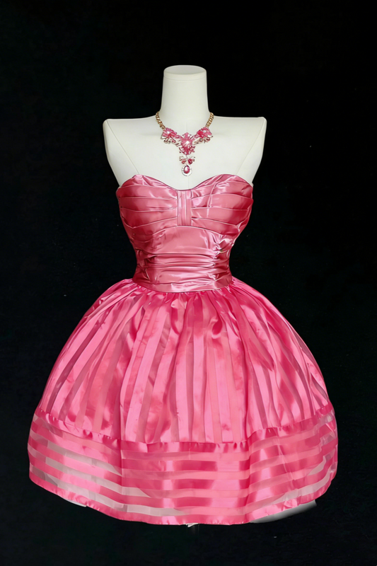 [90s Revival] Stand Out! Hot Pink Satin Strapless Dress: Striped Flared Hem Built-In Spotlight NV6837