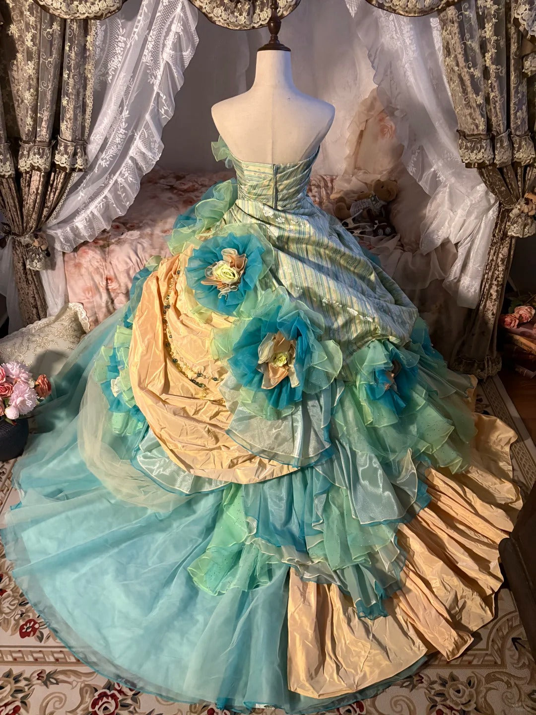Blue Floral Tulle Floor-Length Ball Gown nv5171
