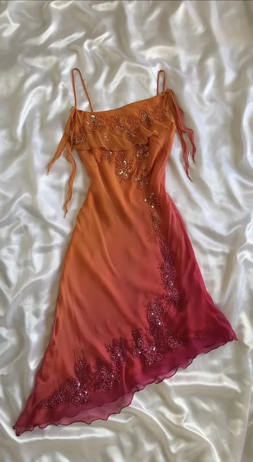 NiceVestidos-Orange Red Fashion Gradient Gorgeous Spaghetti Strap Beaded Charming Short Chiffon Homecoming Dress Fairy Dress Fairy Tale Dress nv5528