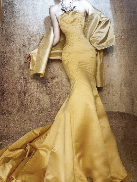 Yellow gorgeous exquisite beaded long satin ball gown evening dress party dress nv4374