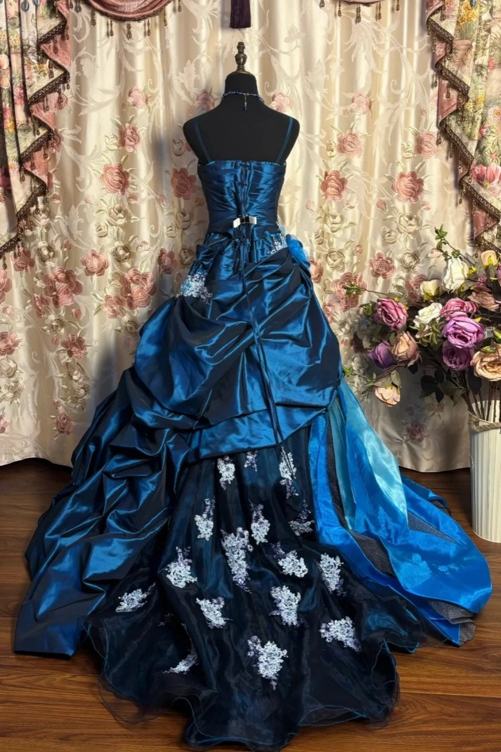 NiceVestidos-_Vintage Deep Sea Blue Satin 3D Floral Embroidered Sequin Court Style Ball Gown NV5913