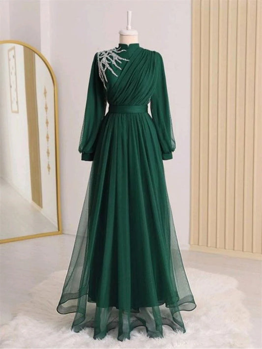 Tulle Beaded Long Sleeve Party Ball Gown Turtleneck Dress Evening Gown nv1970