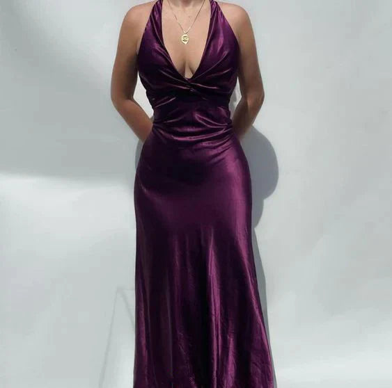 Purple Simple Elegant V Neck Backless Vintage Mermaid Long Ball Gown Prom Dress Evening Gown Party Dress nv2622