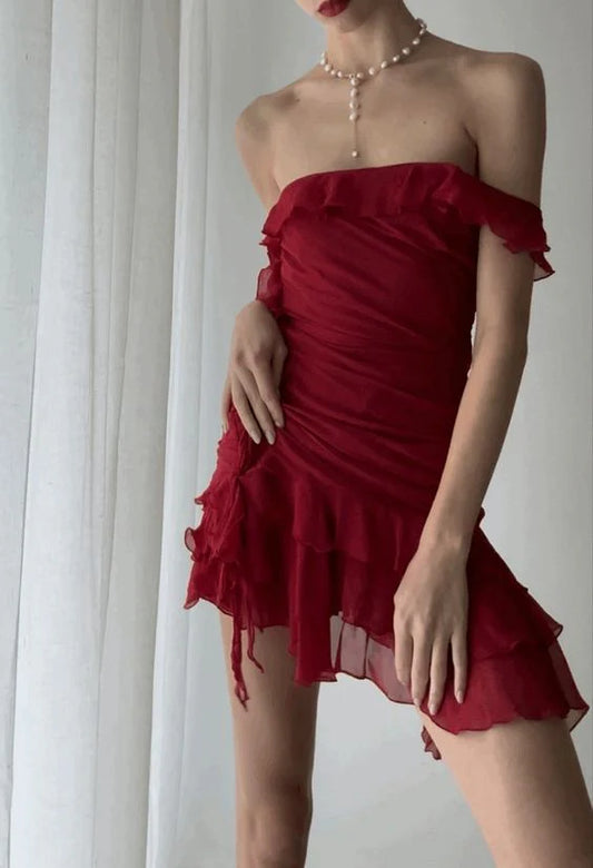 Red ruffled sleeveless short prom dress homecoming dress nv1956