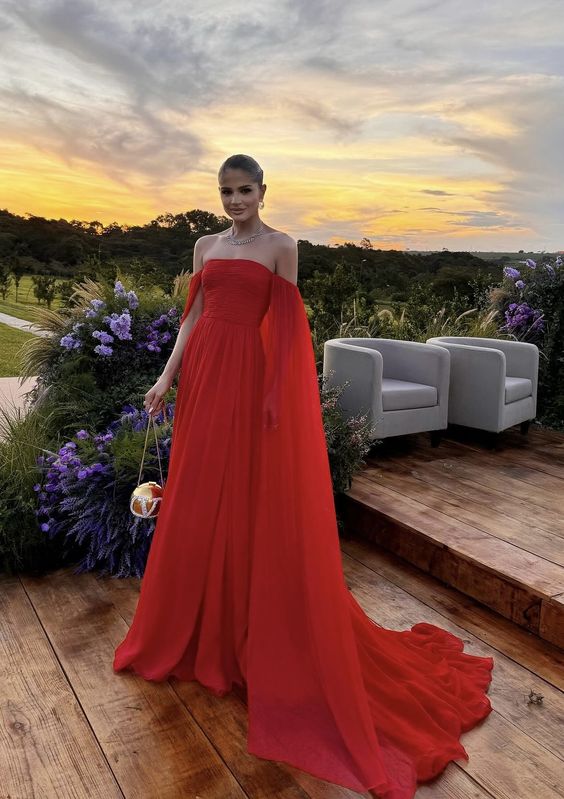 Red Off-the-shoulder Long A-line Ball Gown Elegant Chiffon Formal Party Dress with Train Evening Gown nv1974