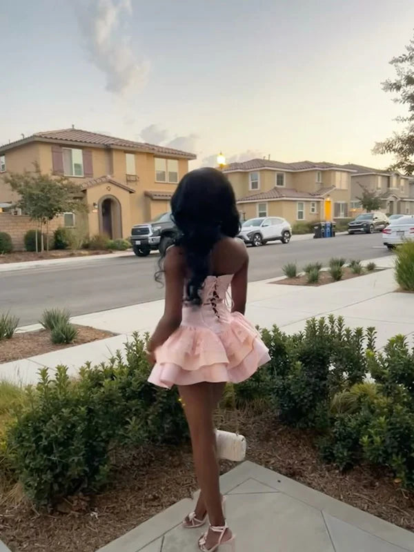 Pink Fashion Satin Lace Short Homecoming Dress Birthday Party Dress nv4695