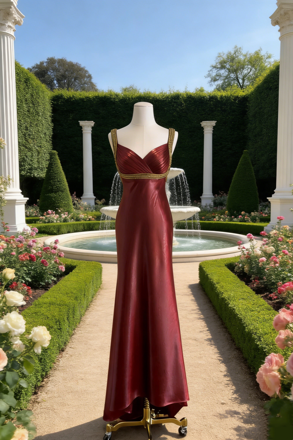 Burgunderfarbenes, ärmelloses Satinkleid mit Herzausschnitt – Vintage-Luxus-Meerjungfrauenkleid mit goldener Perlenstickerei NV6789