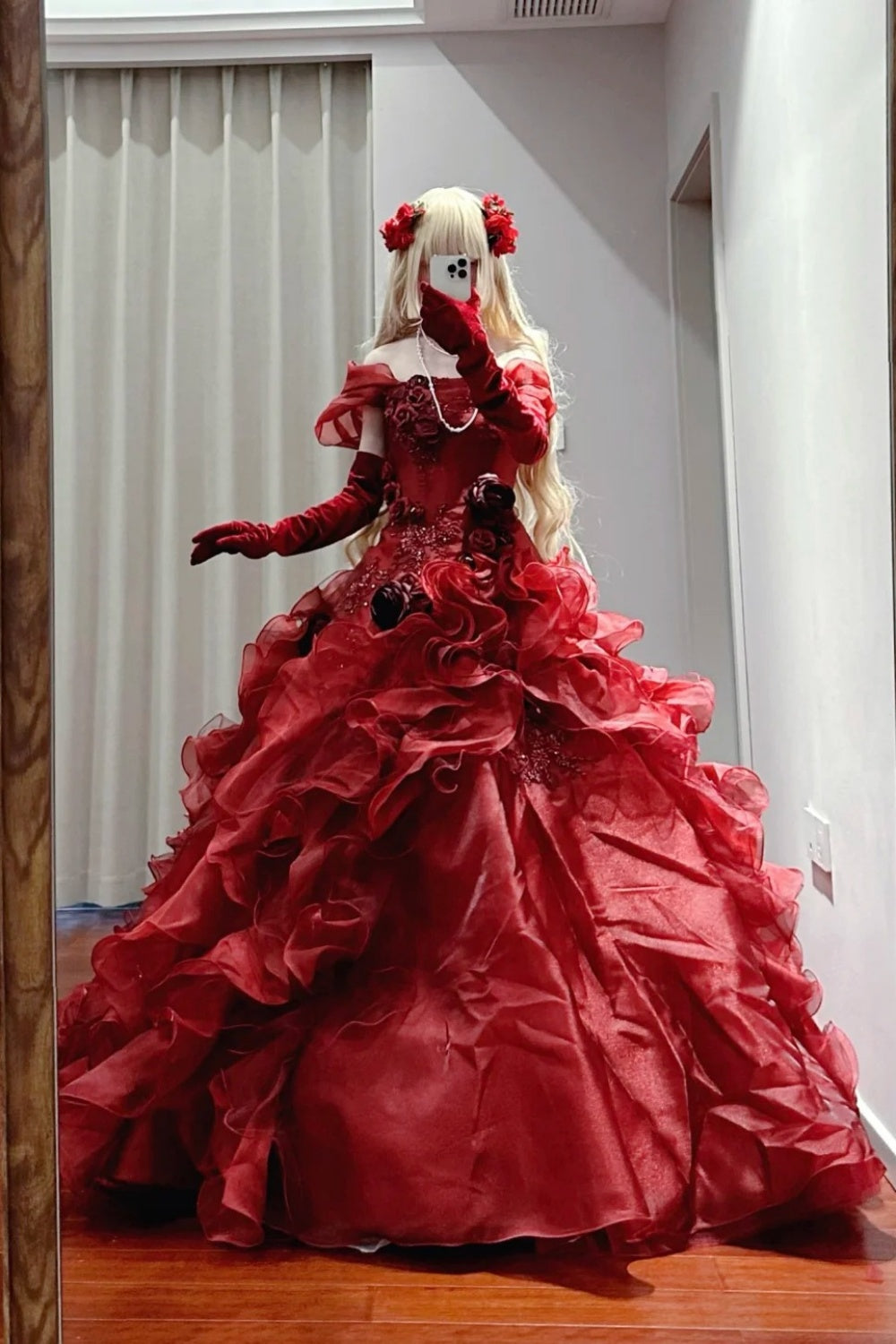 Red, delicately beaded, long tulle ball gown NV6662