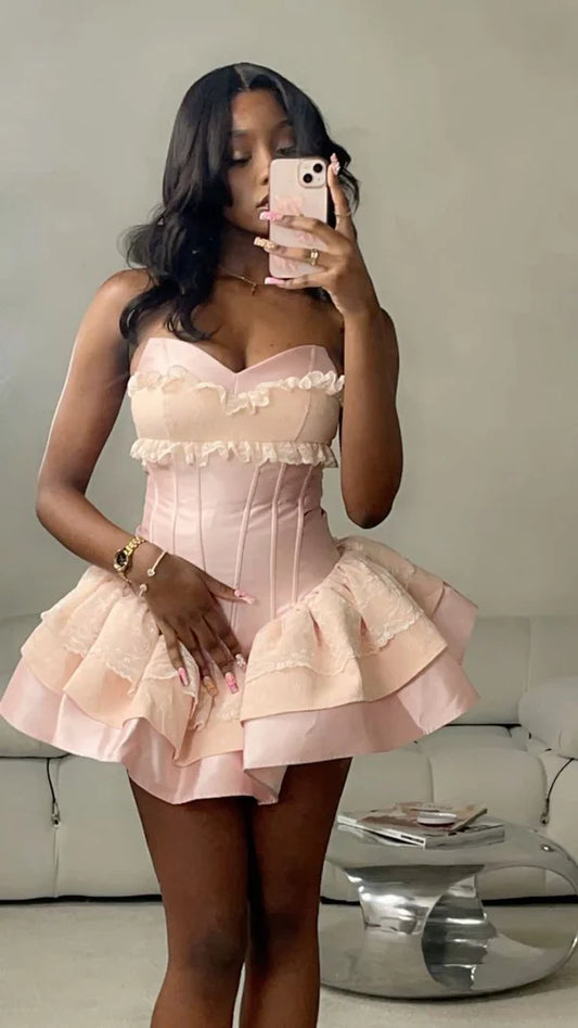Pink Fashion Satin Lace Short Homecoming Dress Birthday Party Dress nv4695