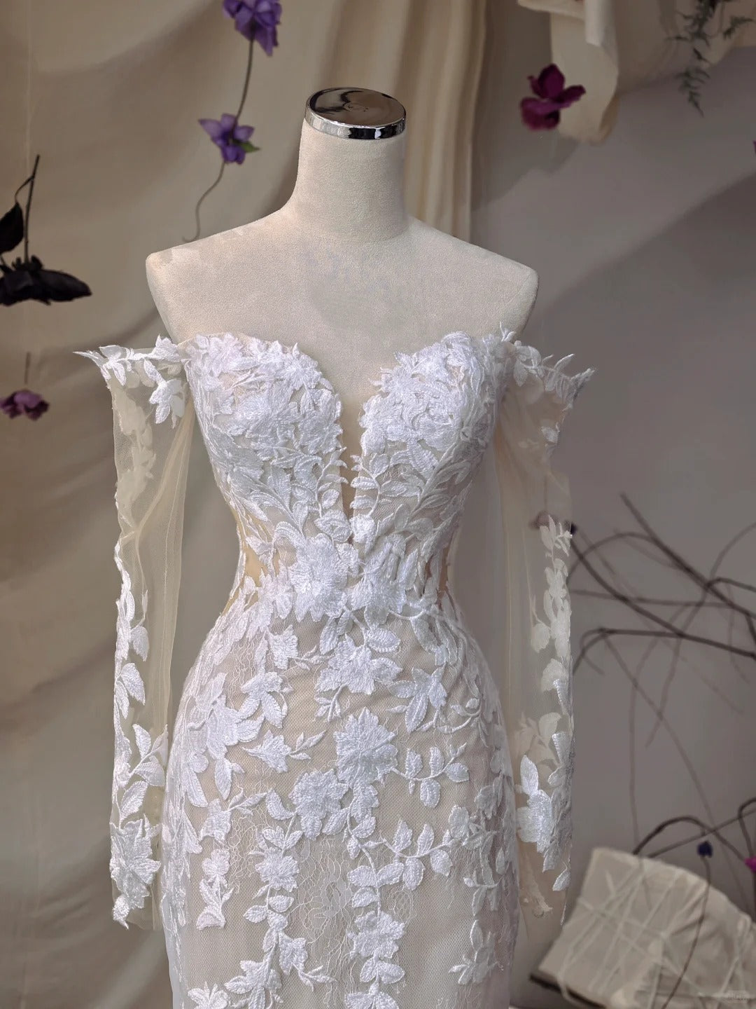 White floral applique lace long sleeves long mermaid slim fit floor length ball gown evening gown wedding dress nv4435