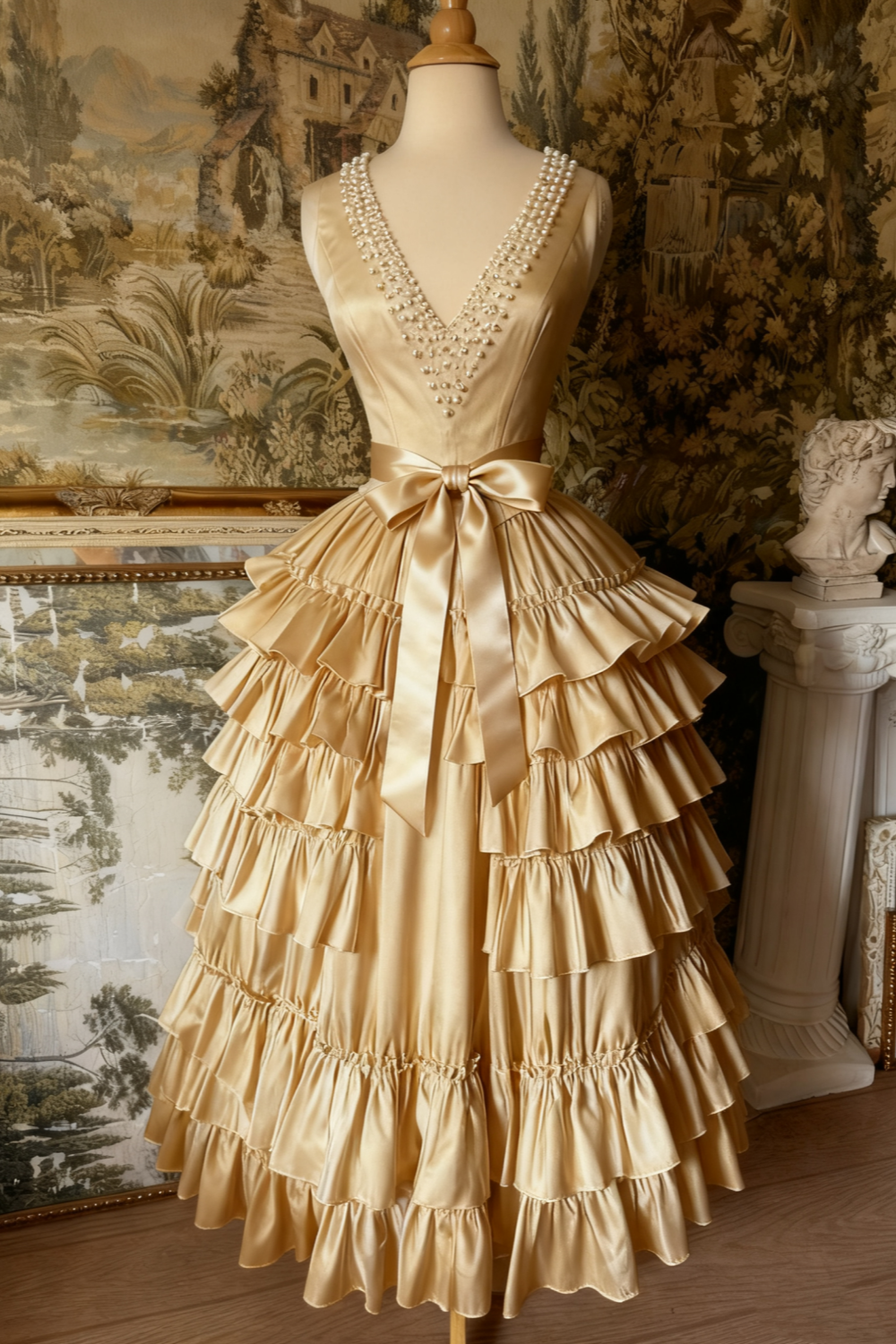 (Exclusive Original Design Dress)Sleeveless Champagne Gold Satin Tiered Dress | Luxury Elegant Pearl V-Neck Bow Midi Gown for Gala Gathering NV6307