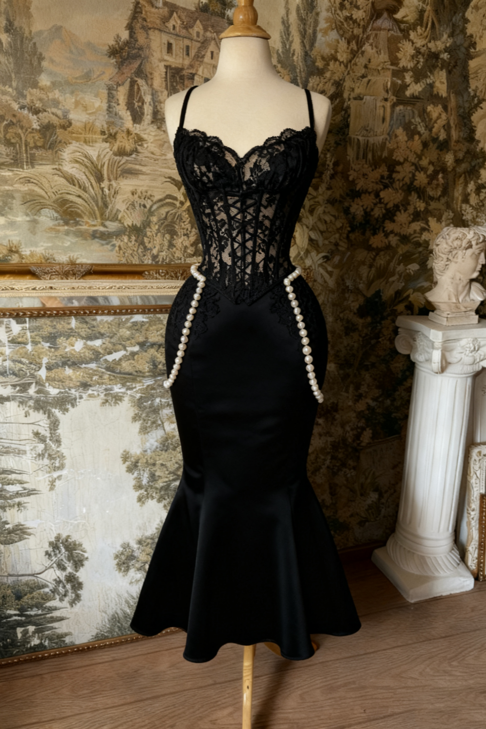 (Exclusive Original Design Dress)Spaghetti Strap Black Lace & Satin Mermaid Dress | Dark Luxury Elegant Pearl Corset Midi Gown for Gala Party NV6309