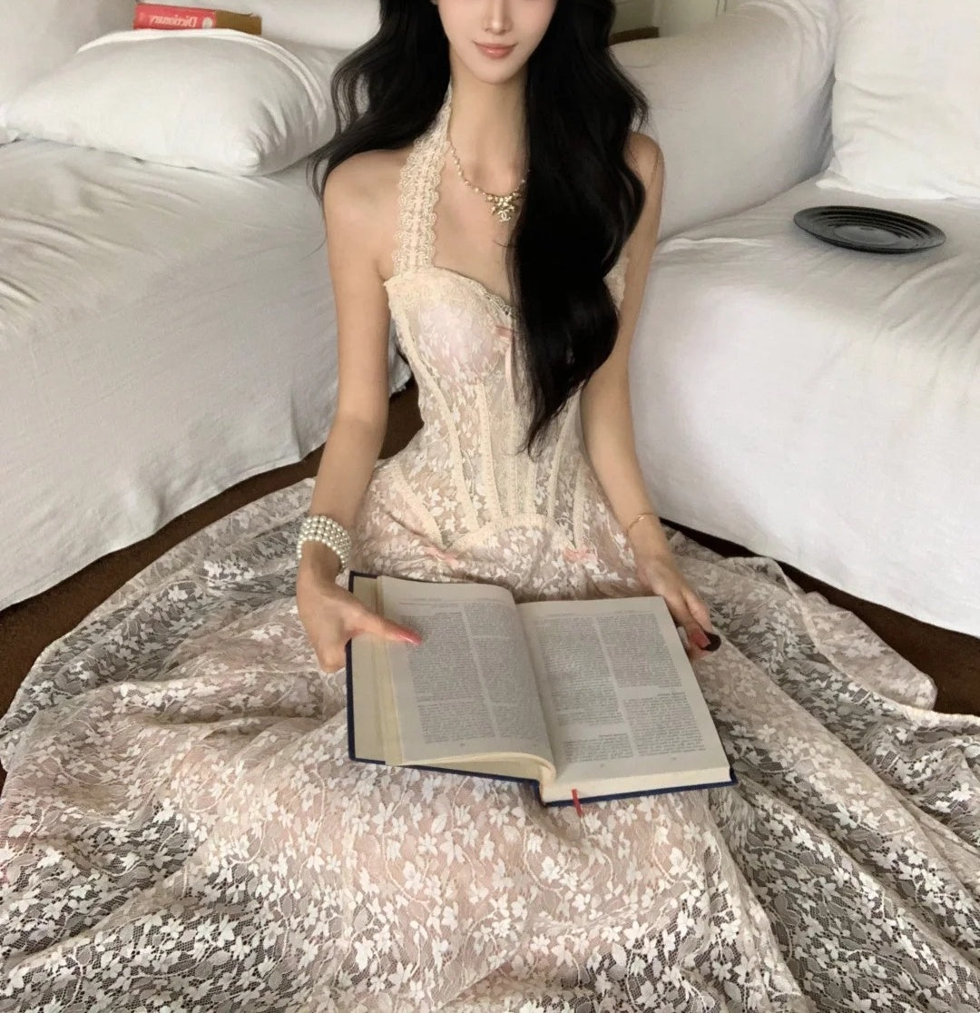 French Soft Flower Halter Lace Maxi Evening Dress NV6572