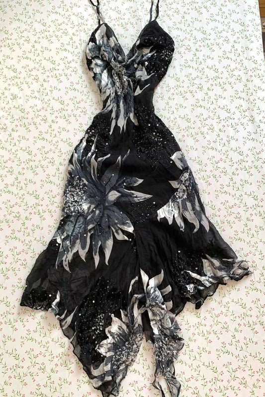 NiceVestidos--Black sequined floral midi dress NV5718