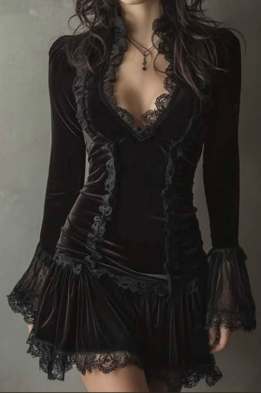 Long-Sleeve Black Velvet & Lace Mini Dress | Vintage Dark Style Deep V Waist-Tied Gown for Party Gala NV6314