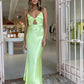 Yellow Green Spaghetti Strap Hollow Satin Ball Gown Evening Dress Party Dress nv1849