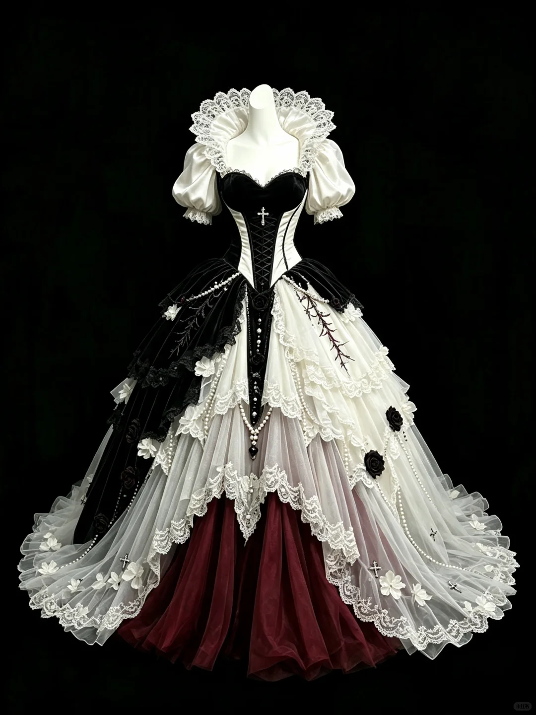 Vintage Gothic Lolita Prom Dress, Black White Lace Tiered Tulle, 3D Rose Cross Pearl Evening Gown  NV7460