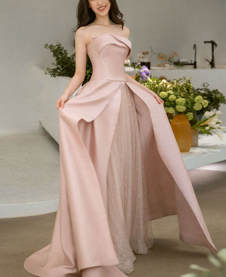 Pink Elegant Charming Cute Satin Tulle Long Prom Dress Formal Bridesmaid Dresses Evening Dress Party Dress nv2467