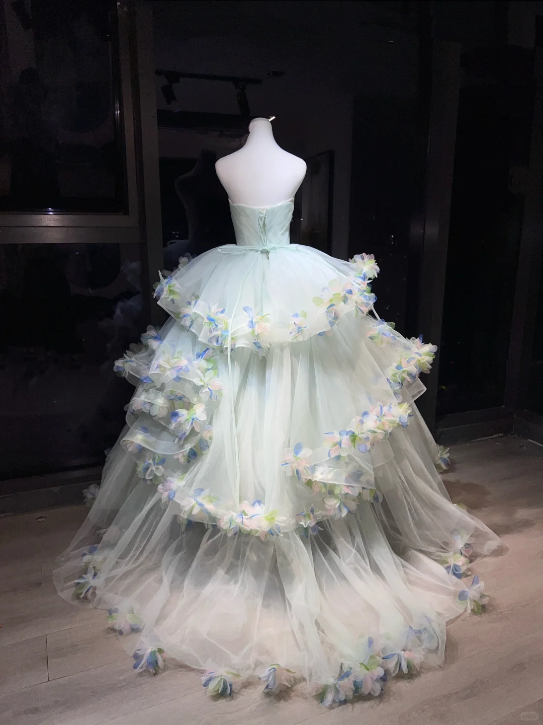 Mint Green Strapless Tulle Ball Gown, Corset Dress with Big Bow & 3D Butterfly Petal Appliques  NV7087