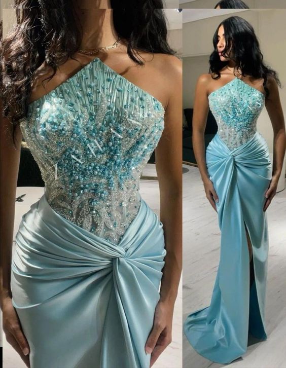 Green Luxury Strapless Mermaid Evening Dress Shiny Satin Beaded Long Formal Party Dress Prom Dress Evening Gown nv2415